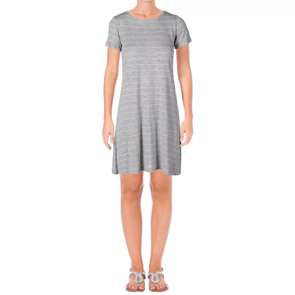 "VINCE CAMUTO" GRAY & WHITE STRIPED CAREER CASUAL TEE DRESS SIZE Medium Knee